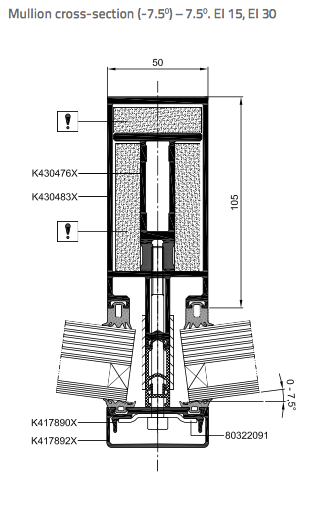 Fire Rated Curtain Walling - specification = mullion cross section 7.5 EL 15-30