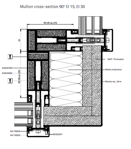 Fire Rated Curtain Walling - specification = mullion cross section 90 degrees EL 15-30