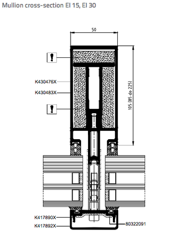 Fire Rated Curtain Walling - specification = mullion cross section EI 15 - 30