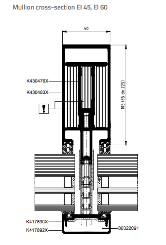 Fire Rated Curtain Walling - specification = mullion cross section EI 45 - 60